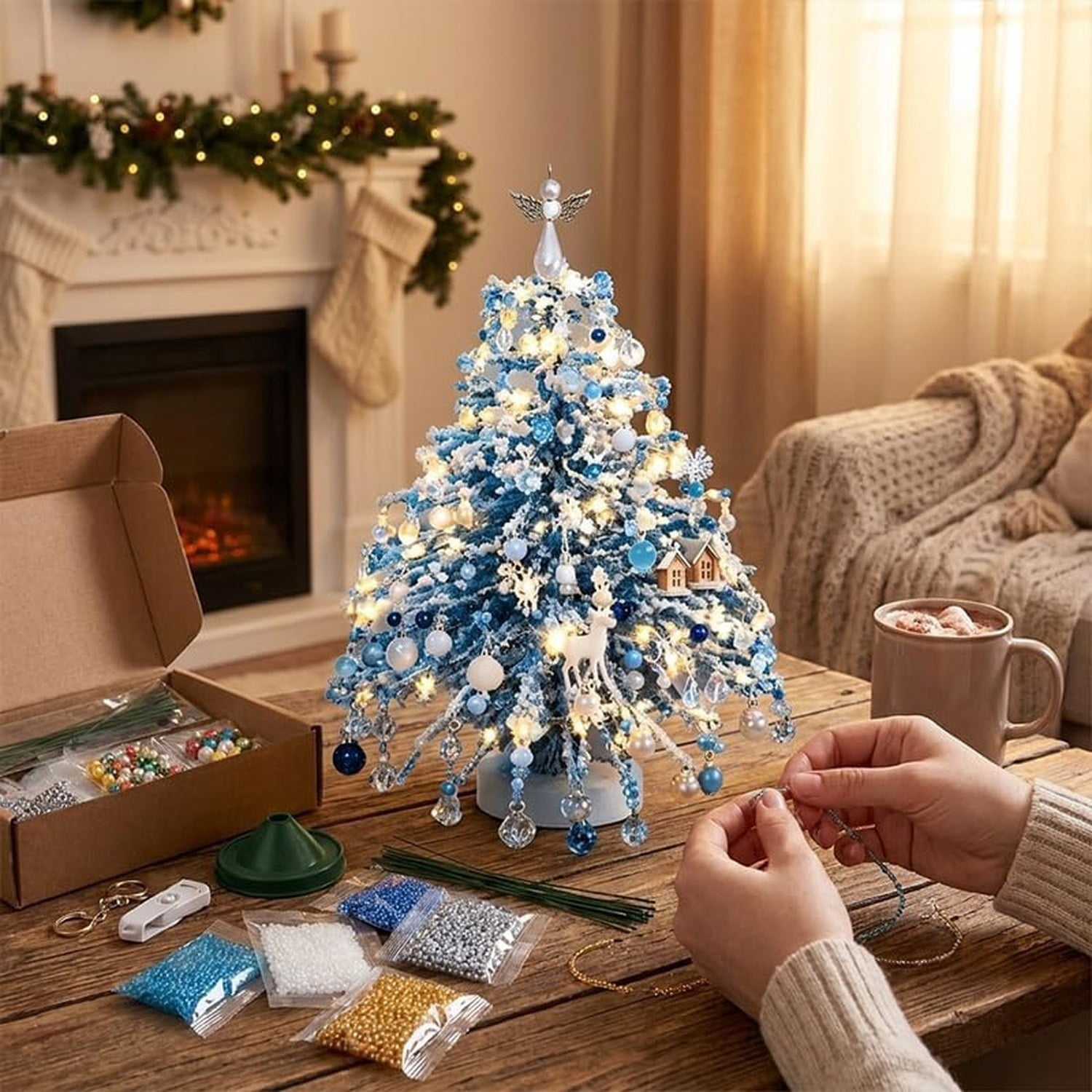 DIY Beaded Christmas Tree Kit with LED Light, Handmade Tabletop Holiday Craft for Adults, 4.4 x 4.3 x 4.5 in Desktop Decoration