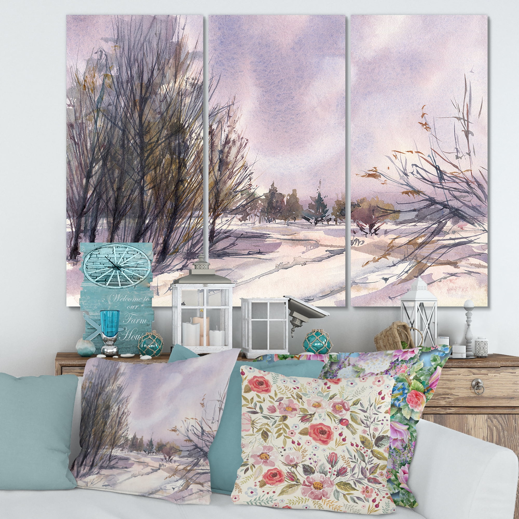 Purple Snowy Tones With Winter Landscape 28 in x 36 in Painting Canvas Art Print, by Designart