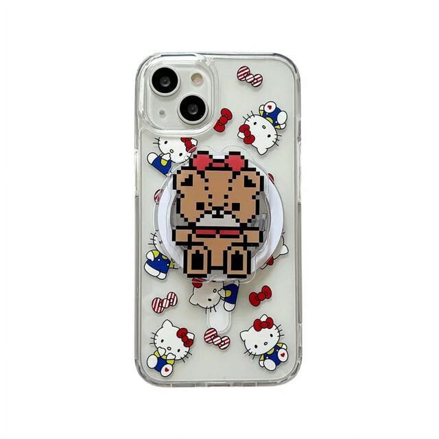 for Magsafe Magnetic Wireless Charge Case For iPhone 13 12 11 14 15 Pro Max Cartoon Hello Kitty Transparent Cover with Support LXY