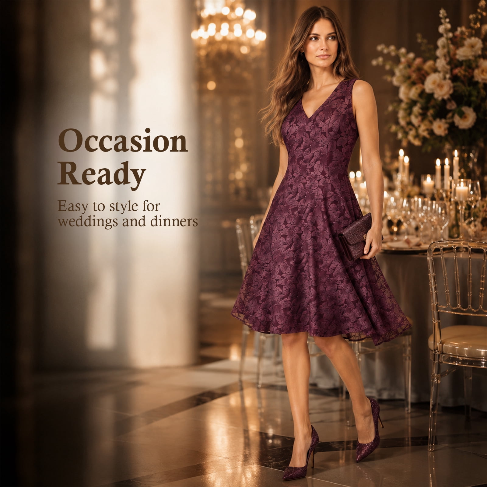 Alvantor Summer Dresses for Women, Sleeveless V-Neck Fit and Flare Poly Chiffon Dress, Burgundy