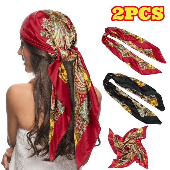 2pcs 35” Silk Satin Large Head Scarf, Square Head Neck Scarves Hair Wraps Bandanas
