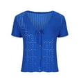 thumbnail image 4 of Women's Lightweight Open-Front Cardigan Sweater New Women Tie Front Crochet Tops V Neck Button up Short Sleeve Knitted Sweaters Lightweight Hollow Cardigan Dark Blue L, 4 of 7