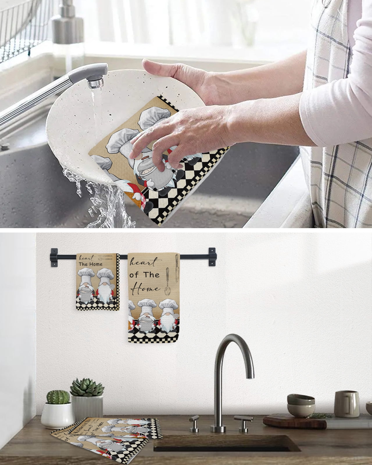 Farmhouse Chef Gnomes Dish Towels Set, Waffle Weave Kitchen Towels 3 Pieces, Vintage Black White Plaid Microfiber Hair Face Bath Tea Towel Absorbent Quick Drying Cleaning Dish Cloths, 12"x12"
