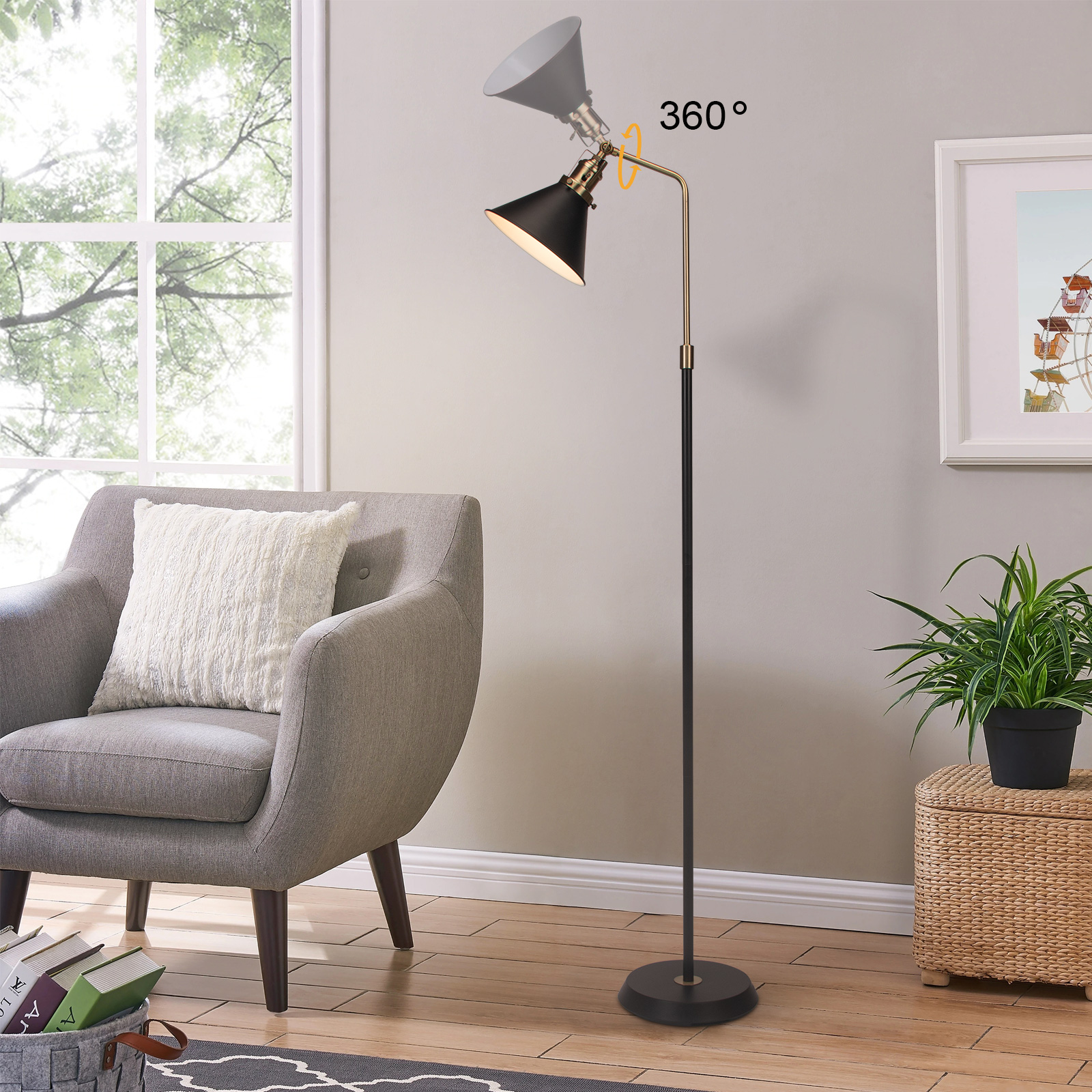 HonoDing 58" Rustic Rotatable Floor Lamp, Vintage Metal Design, Black Standing Lamp for Living Room, Bedroom
