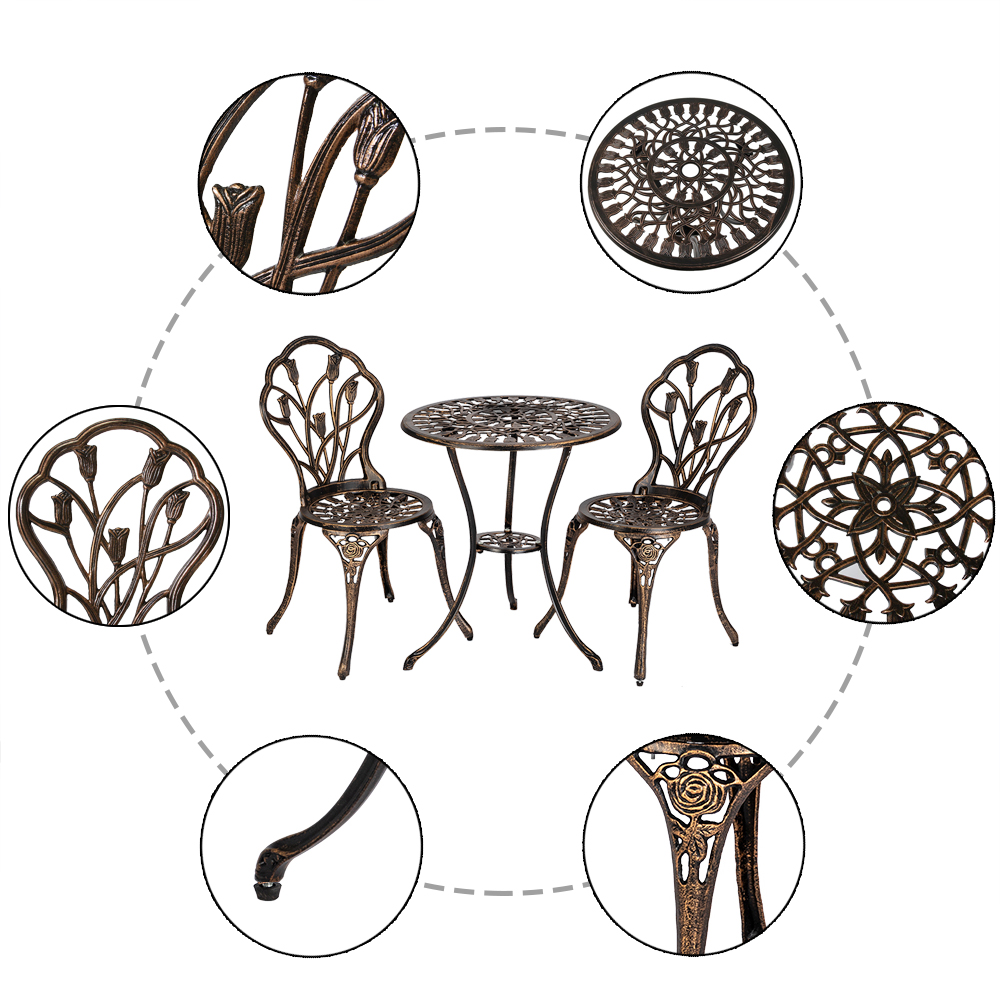 Outdoor Metal Bistro Table Set, 3 Pieces Bistro Set Cast Tulip Design Antique Outdoor Patio Furniture Weather Resistant Garden Round Table and Chairs, Garden Conversations Set for Porch Balcony, Q9478 - image 5 of 8
