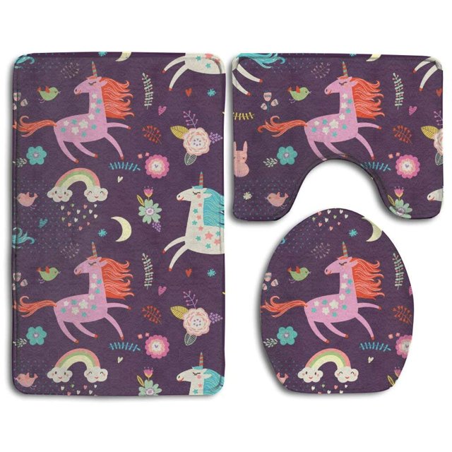 ABPHQTO Unicornio lindo1 Juego de alfombras de baño de 3 piezas Alfombra de baño Alfombra de contorno y tapa de inodoro