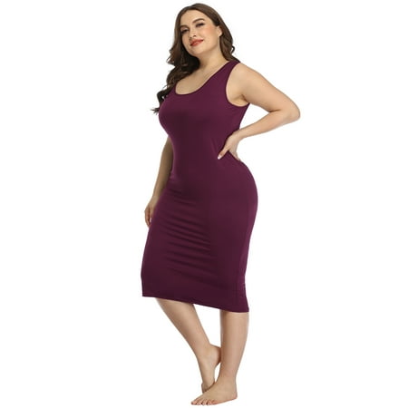 HDE Plus Size Bodycon Midi Dress Casual Fitted Jersey Tank Everyday Sundress (Burgundy)