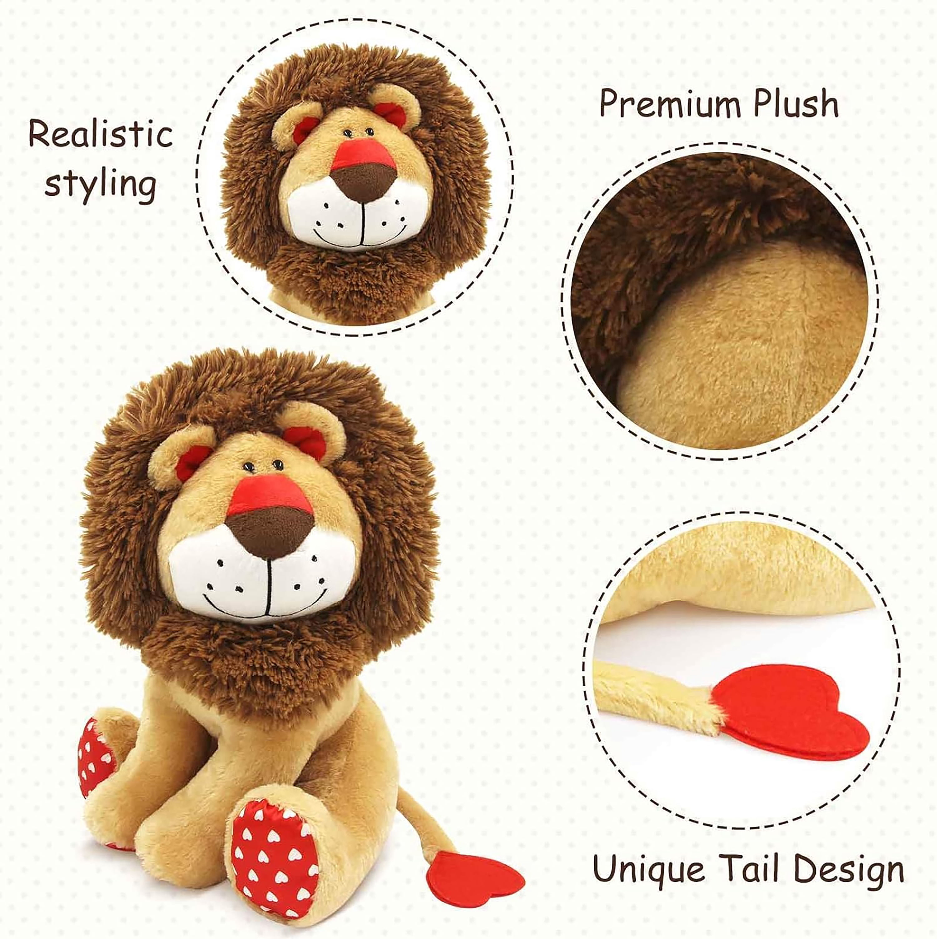 WEIGEDU Love Valentines Lion Stuffed Animal, King Lion Plush Toy with Mane Heart Shape Tail, 13.8 inches