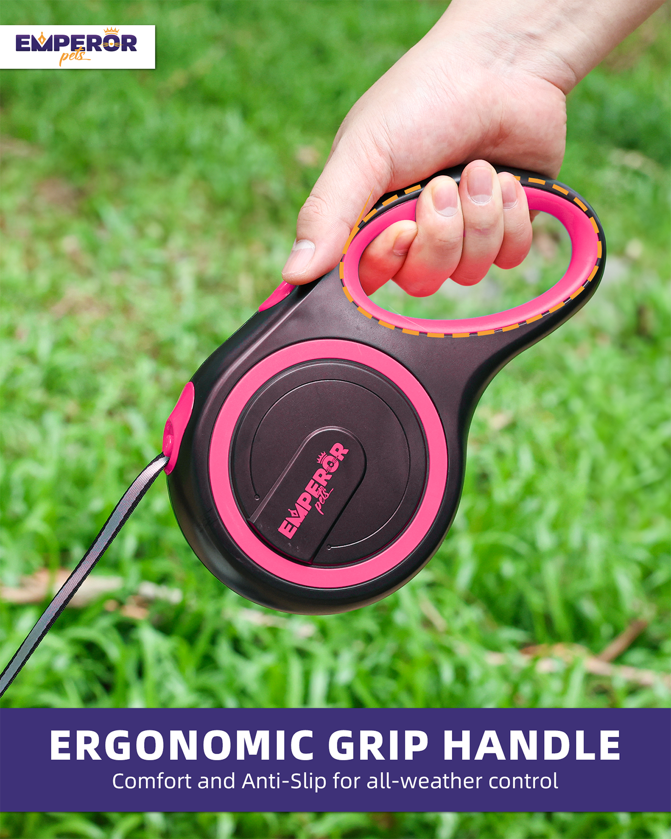 Emperor Pets Retractable Dog Leash, 26 ft, Large, Pink, for Dogs up to 110 lbs -PK26