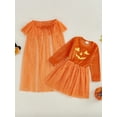 thumbnail image 3 of FAROOT Robe d'Halloween pour Petite Fille Imprimé Visage de Citrouille Manches Longues Col Rond Patchwork en Tulle Robe Trapèze avec Châle, 3 of 7