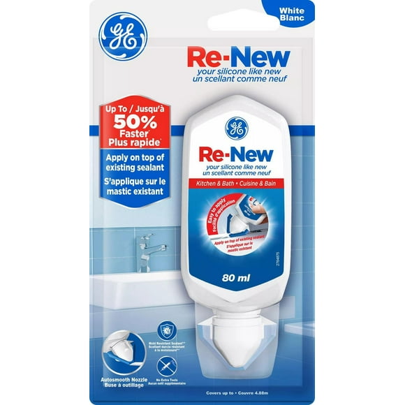 GE RE-NEW Silicone Sealant White Kitchen and Bath, 80 ml, Squeeze Tube, GE CA RENEW WHT 80ML