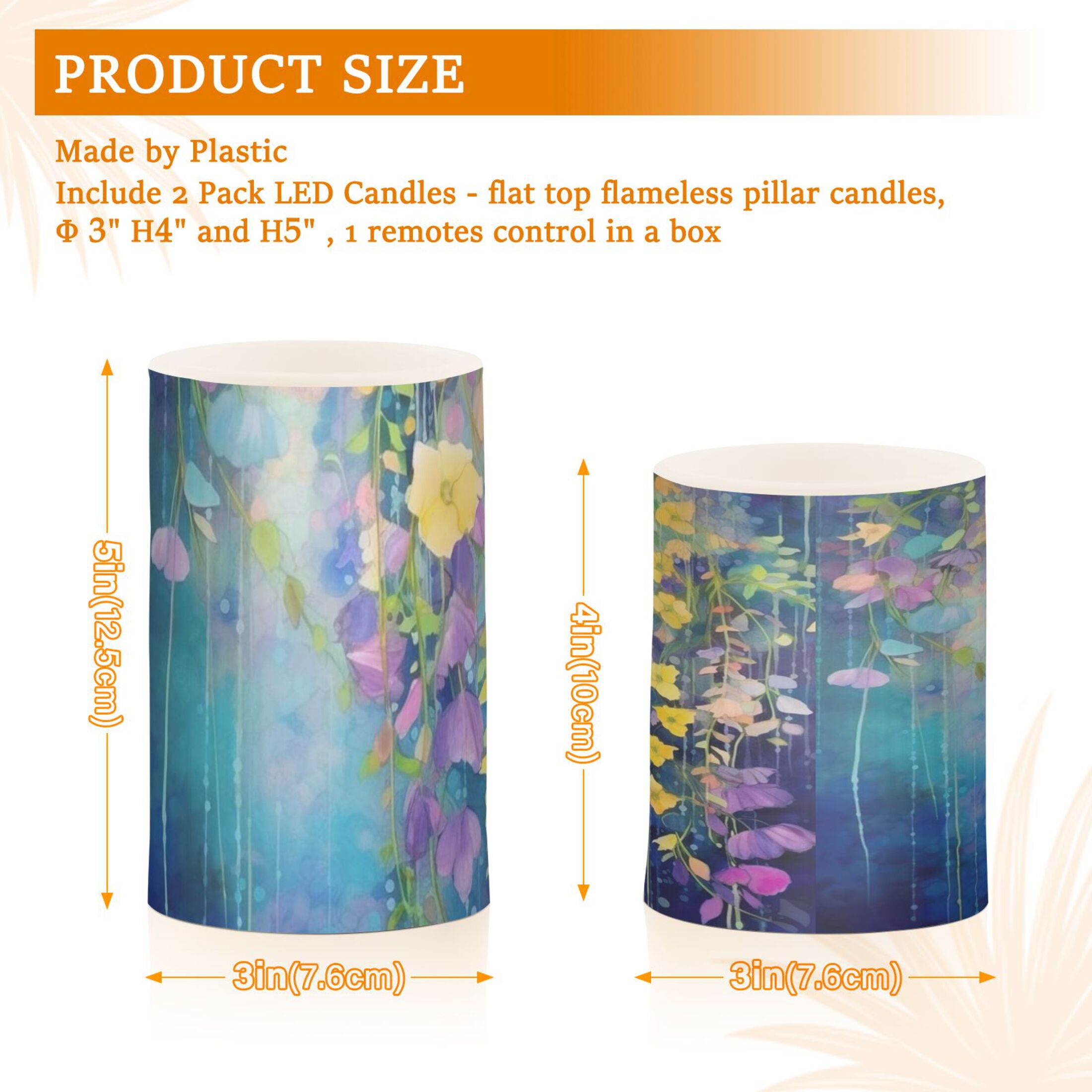 Garden Wildflower Flickering Flameless Candles Battery Operated with Remote Timer LED Pillar Candles Set of 2