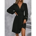 thumbnail image 6 of Women's Fall A-Line Midi Dress V-Neck Long Lantern Sleeve Elastic Waist Ruffle Flowy Swing Spring Dresses, 6 of 6