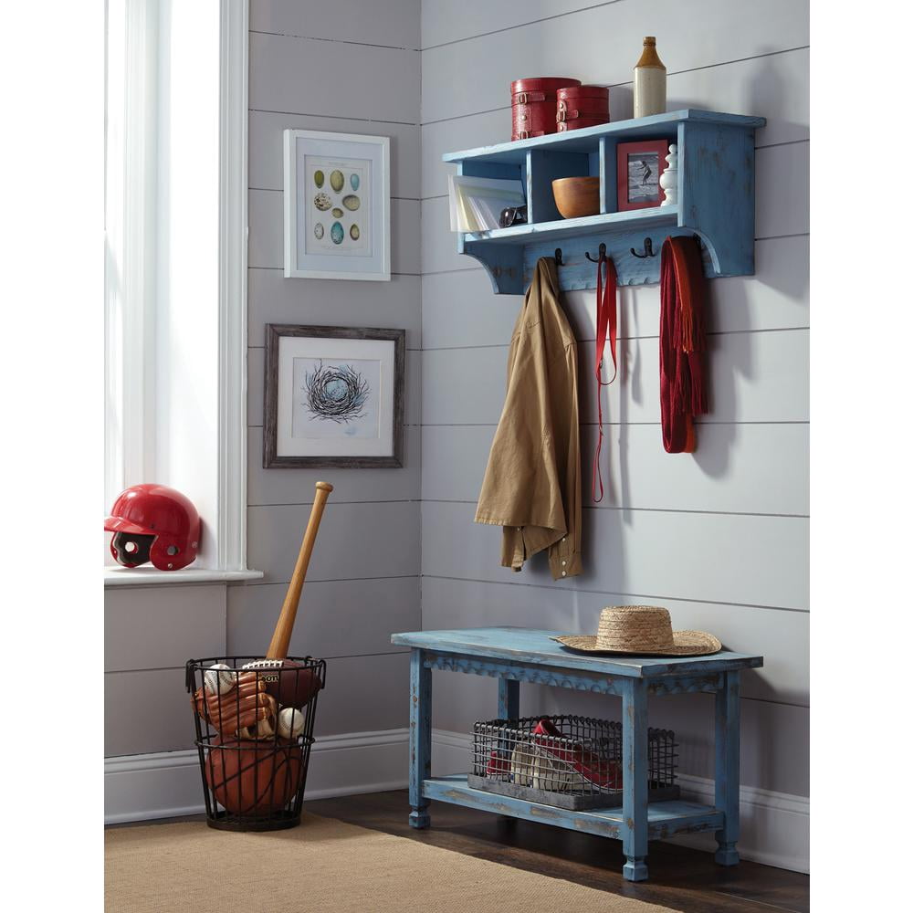 Alaterre Furniture Country Cottage Coat Hooks and Bench Set, Blue Antique Finish
