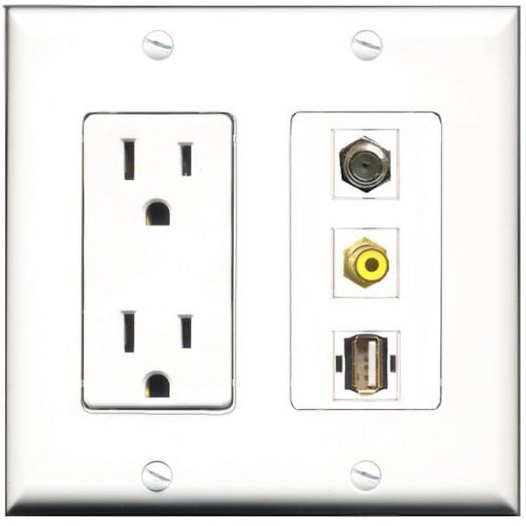 RiteAV - 15 Amp Power Outlet 1 Port RCA Yellow 1 Port Coax 1 Port USB A-A Decorative Wall Plate
