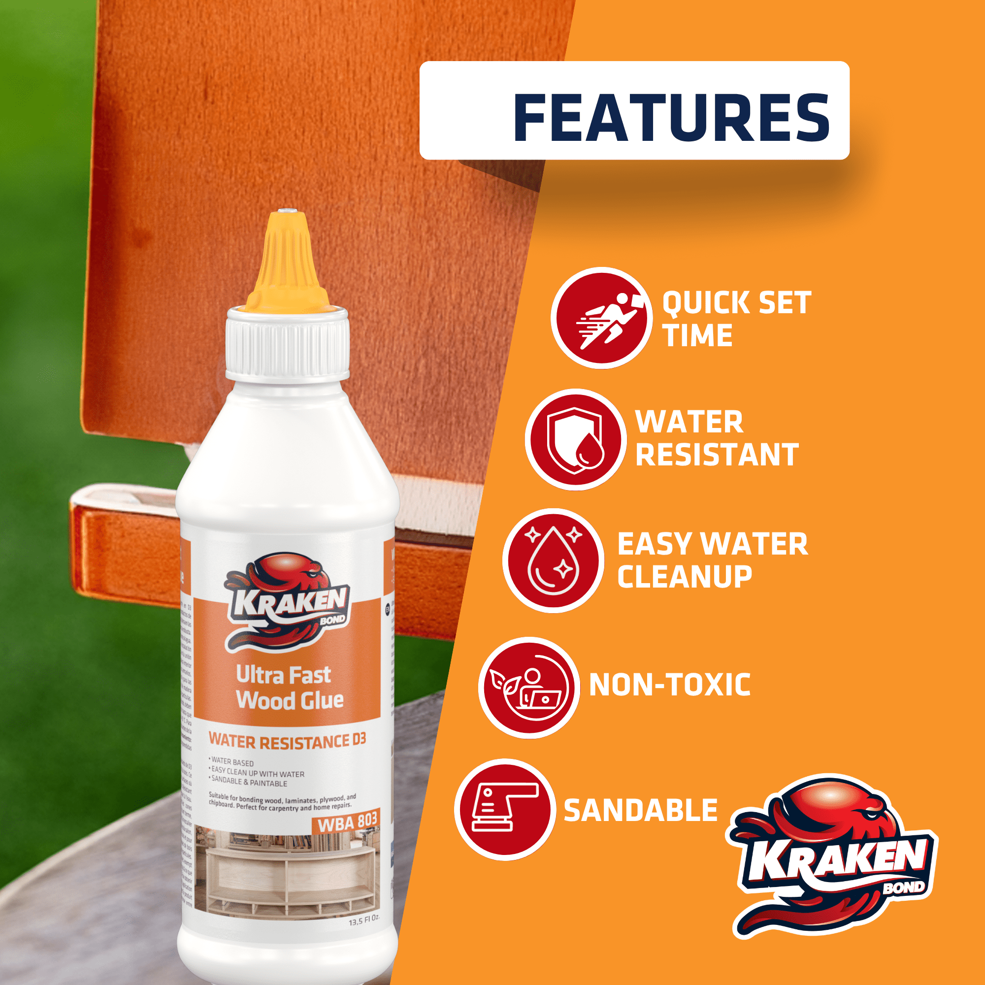 Kraken Bond D3 White PVA Wood Glue, Fast Setting, 13.5 fl oz - 12 Pack