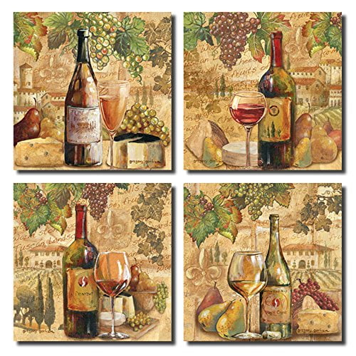 Tasting Notes I Vintage Tuscan Wine Bottle Set; Four 12X12 Poster Prints