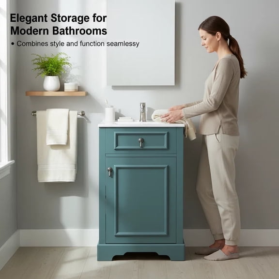 viswild 20" Small Bathroom Vanity with Ceramic Sink, Soft Close Door, Overflow Protection & Storage Rack for Compact Spaces, Green