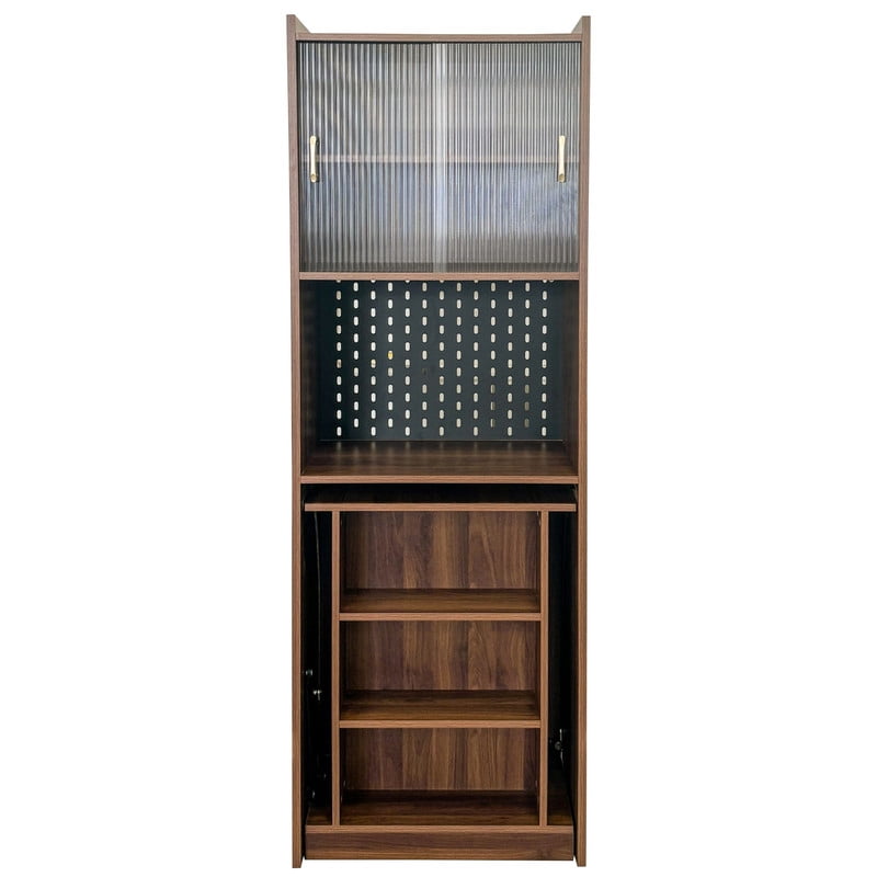 Foldable Computer Desk with 2 Sliding Glass Doors, Writing Study Table with Pegboard, Office Desk Workstation with Storage Shelves for Home Office