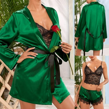 

Kiplyki Discount Womens Pajamas Plus Size 3PC Satin camisole Shorts Robe With Belt Lingerie Sleepwear
