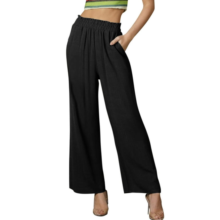 Womens Wide Leg Palazzo Pants High Waisted Lounge Pant Pleated Loose Fit  Smocked Casual Trousers Plus Size Pants Black M