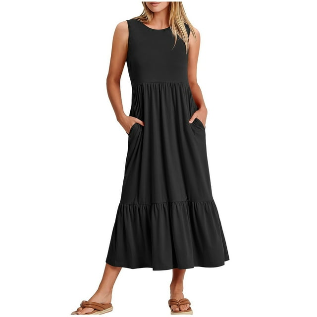 CEHVOM Femmes Mode Col Rond Poches Solides Sans Manches Pull Patchwork Robe