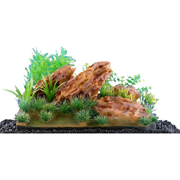 Penn Plax Insta-Aquascape 1 Piece Ten Gallon Aquarium Decor, Rocks with Plants- resin