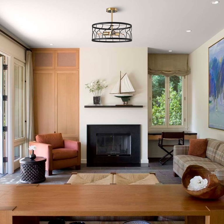 20 Inch 4-Light Semi Flush Mount Ceiling Fixture - Linen Fabric Shade, Brushed Bronze, For Bedroom Living Room Hallway