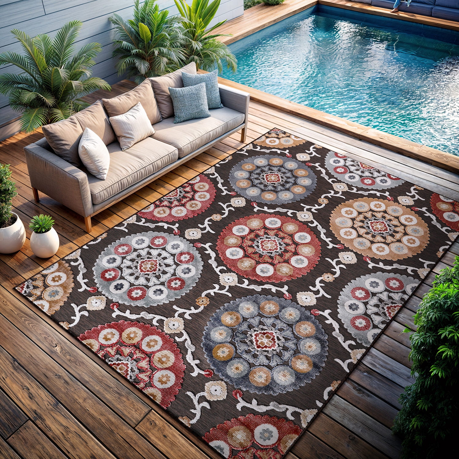 CAMILSON Spring Bohemian Medallion Floral Easy-Cleaning Non-Shedding Washable Outdoor Indoor Area Rug Brown 10x14