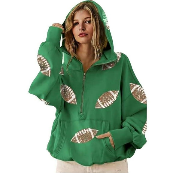Mohiass Women's Game Day Sweatshirts Football Sequin Hoodies Half Zip Hooded Sweatshirt Crewneck Long Sleeve Pullover Tops Army Green M