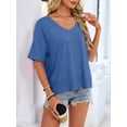 thumbnail image 5 of Womens Summer V Neck T Shirts Casual Short Sleeve Flowy Tops Cute Loose Fit Basic Tees Blue XL, 5 of 8