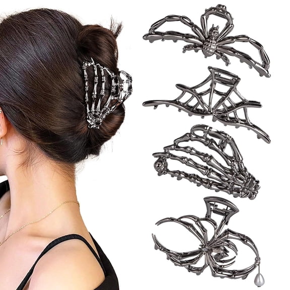 Set of 4 Gothic Spider Web Skeleton Skull Hair Claw Clips, Heavy Duty Metal Large & Medium Hair Barrettes for Women Girls Thick Thin Hair, Headband Styling Halloween Gift