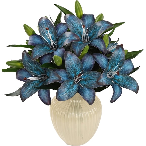 KUNPENG 6Pcs Tiger Lily Artificial Flowers Real Touch Fake Lilies with Stems Faux Lilies Bouquet for Wedding Floral Arrangements Easter Home Table Centerpiece Office Decor(Deep Lake Blue)