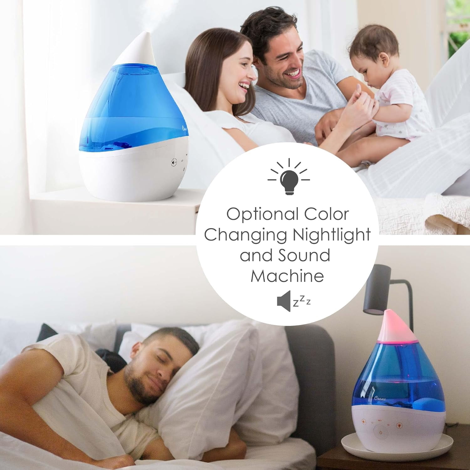 4-in-1 Drop 2.0 Ultrasonic Cool Mist Humidifier with Sound , Night Light, Tray, 1 Gallon Top Fill, Blue & White