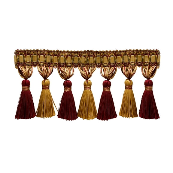 4" (10cm) Noblesse Collection Elegant Tassel Fringe Trim # TFH4,, Burgundy Gold Red #1253 (Carmine Red, Yellow Gold, Dark Red) Sold By The Yard (36"/3 ft/0.9m)