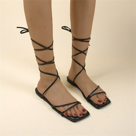 

NEGJ Ladies Fashion Summer Solid Color Open Toe Ring Strap Flat Beach Sandals