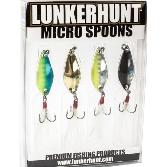 Lunkerhunt Micro Spoon Fishing Lures (4-Pack), 1/8 oz, Feeding Patterns, Treble Feather Hooks