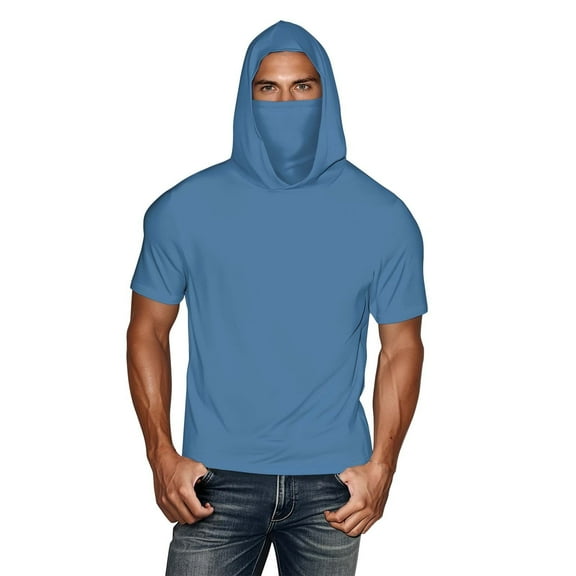 Htigea Unisex Hooded Sun Shirts UPF 50 Short Sleeve Pullover UV Protection Hoodies Summer Rash Guard Workout Tops Blue S