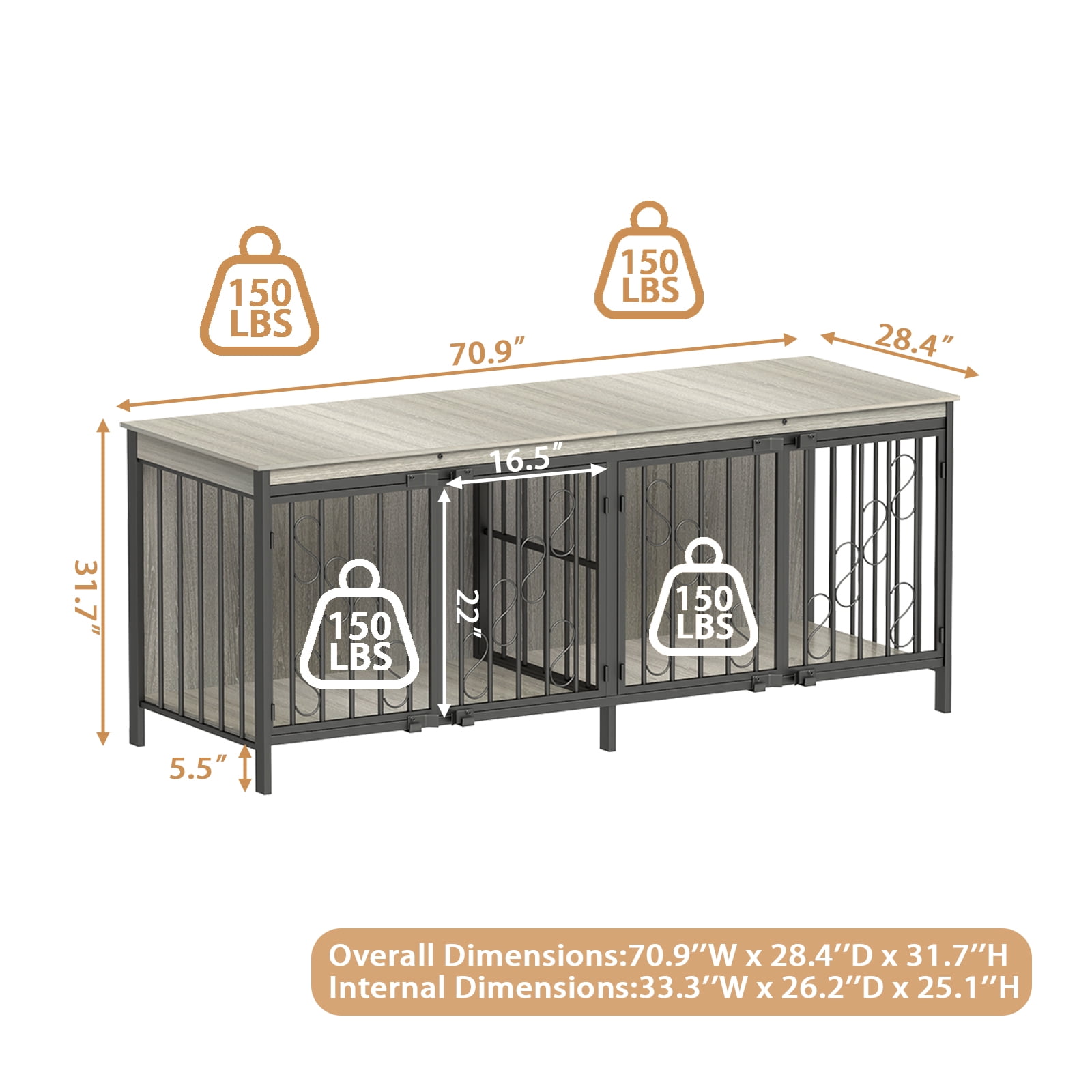 Bel Ark 71 inch Dog Crate Furniture for 1 or 2 Dogs, Heavy Duty Single/Double Dog Crates for Small/Medium/Large Dogs,Double Doors Design,Dog Kennel Furniture Indoor as TV Stand
