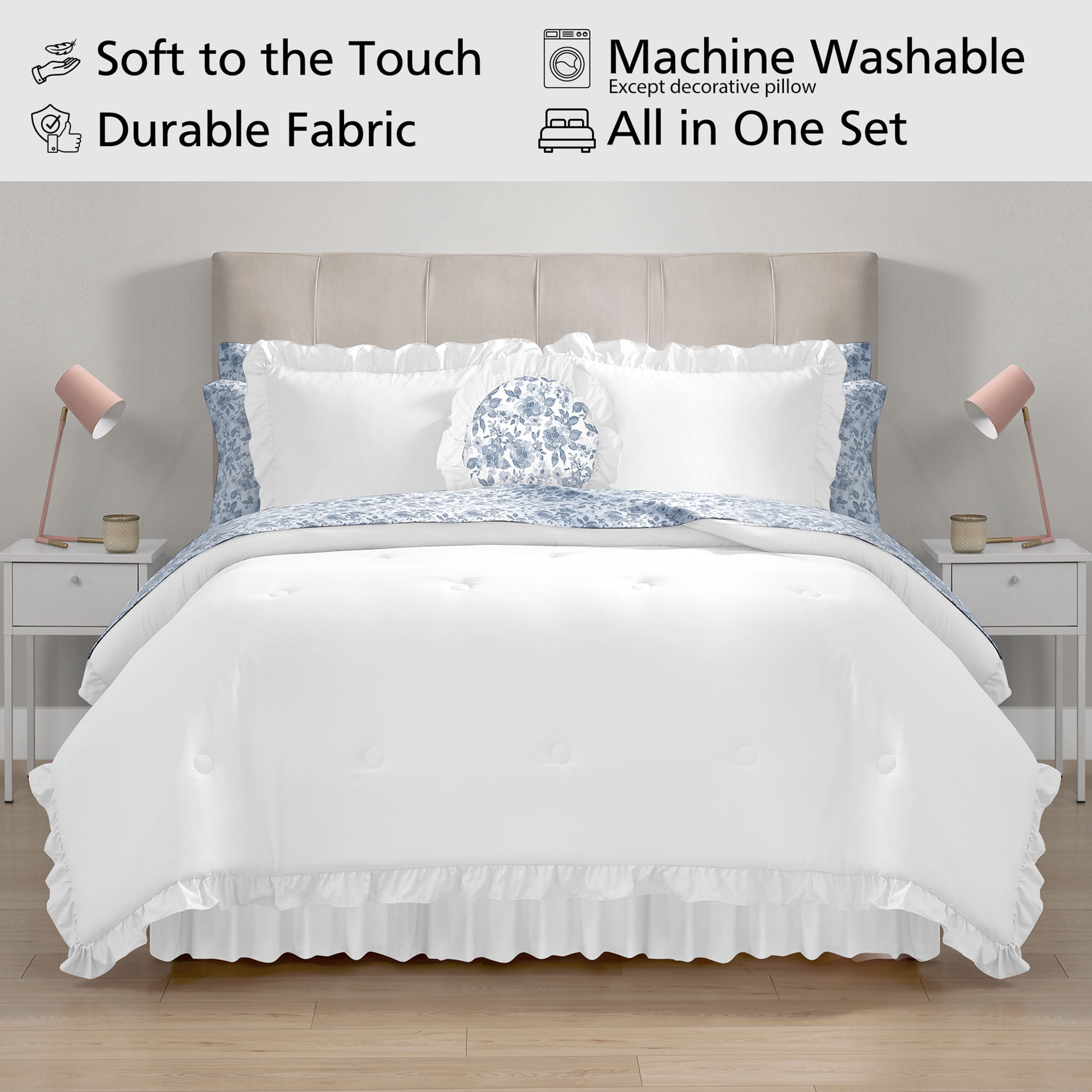 Mainstays All in One Reversible Comforter and Sheet Set- 11 Piece, Full, White and Blue Ruffle