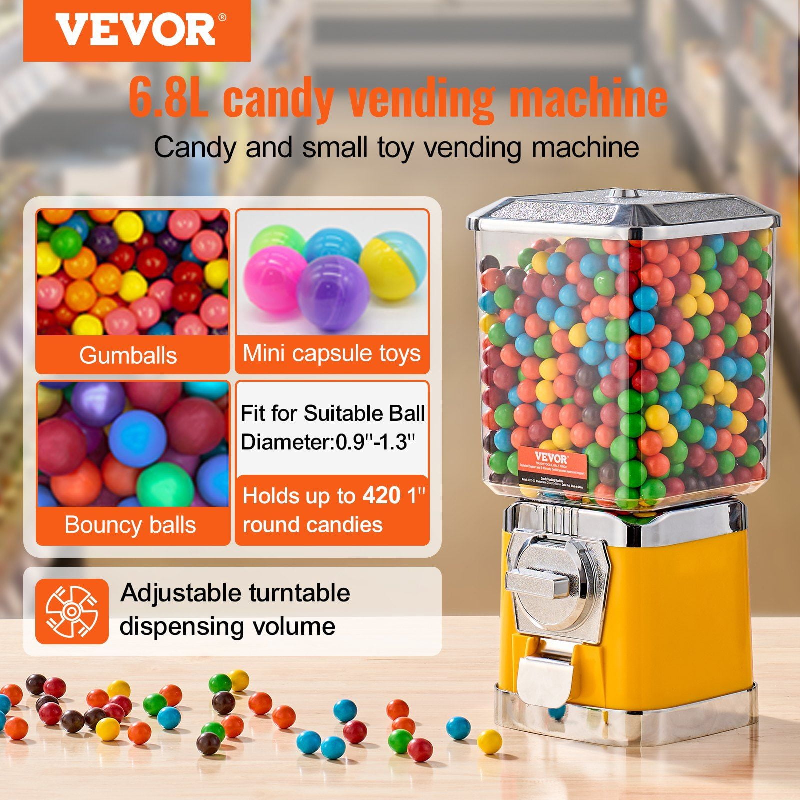 Gumball Machine , 17" Candy Dispenser, Coin Operated, PC Vending Machine for Bouncy Balls & Capsules, Yellow Retro Candy Bank