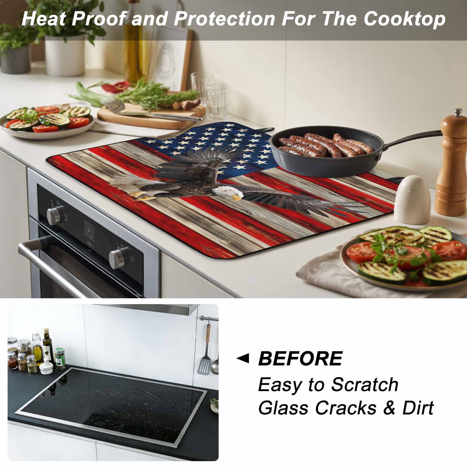 American Flag Stove Top Cover for Electric Stove, Heat-proof & Non Slip Glass Top Stove Cover Protector, Eagle Blue Red USA Flag Retro Kitchen Flat Cooktop Rubber Mat 24x21 Inches