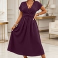 thumbnail image 2 of Women's Spring Casual Ruffle Short Sleeve Wrap V-Neck A-Line Loose Fit Swing Party Work Midi Dress Purple XL(XL), 2 of 5