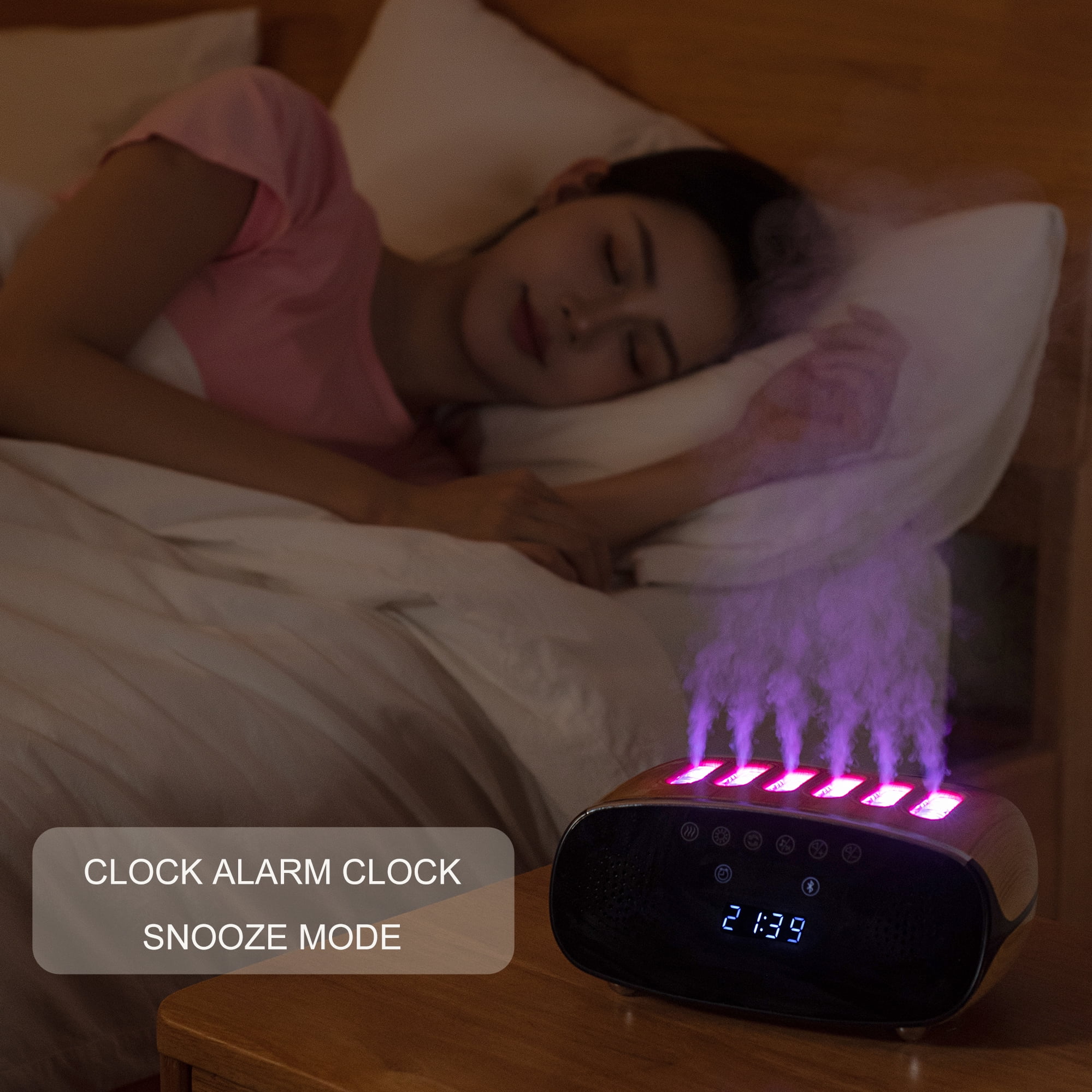 Bluetooth Music Humidifier with Clock, Remote, and Color-Changing Lights – Quiet Ultrasonic Cool Mist Diffuser with 6 Spray Heads for Home, Office, and Bedroom