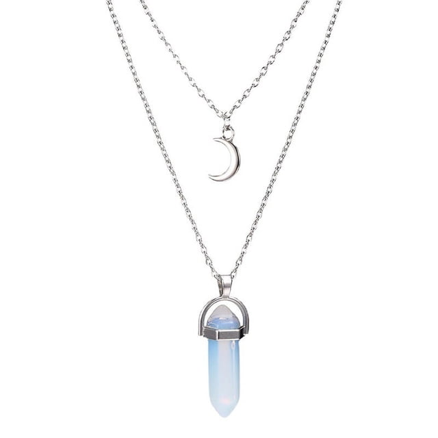 Collar de cristal simple retro de estilo europeo y americano con forma de luna y columna hexagonal, collar de turquesa en forma de media luna