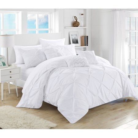 Chic Home 10 Piece Hannah Pinch Pleated, Ruffled and Pleated Complete Queen Bed in a Bag Comforter Set White with Sheet Set