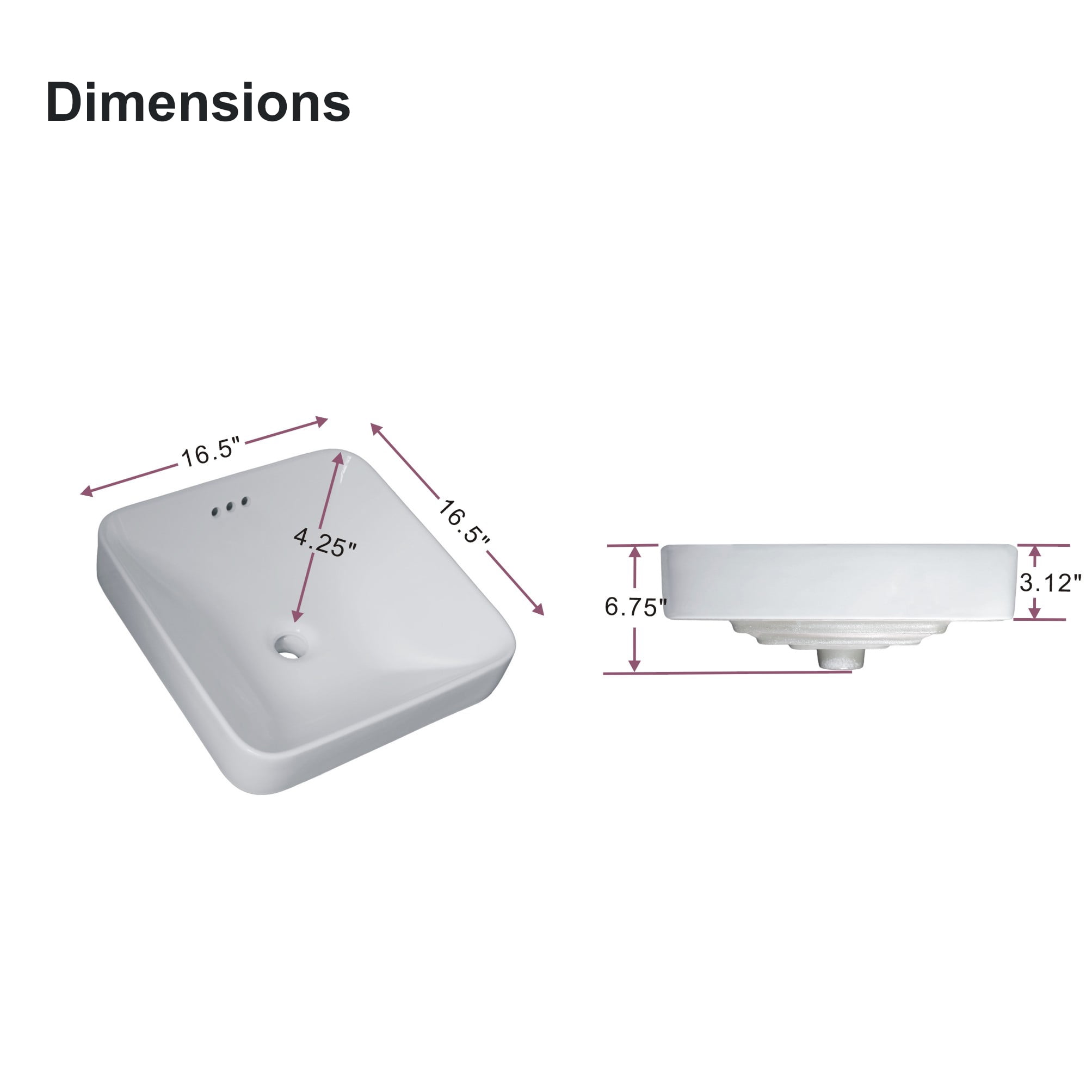 WinZo WZ6173 Square Semi-Recessed Bathroom Sink 16.5" White Ceramic Finish Drop in Vessel Basin