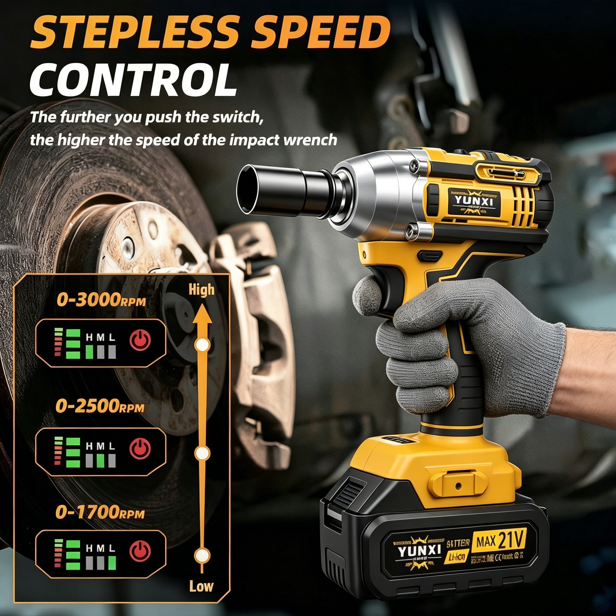 YUNXI 21V Brushless Cordless Impact Wrench & Drill Combo Kit, 1/2" High Torque Power Tool with 2×4.0Ah Batteries, Full Accessories & Hard Storage Case for Car Tire Changing Home DIY