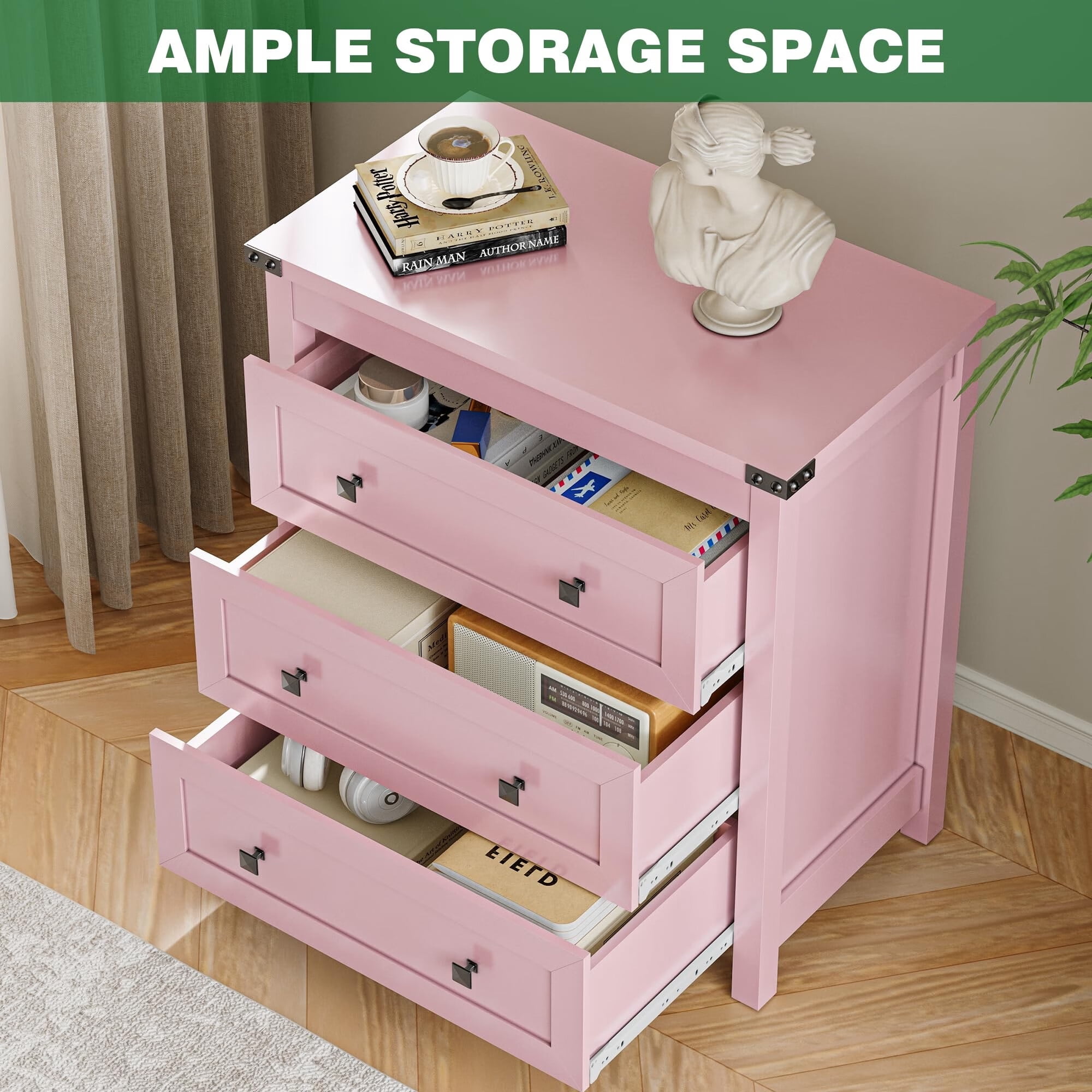 FANRAL Nightstand Set of 2,3 Large Drawer,29.5" Tall Night Stand,27.5" Wide Side Table,Wood Bedside Table Modern End Table,Small Wide Dresser for Bedroom,Pink Nightstand