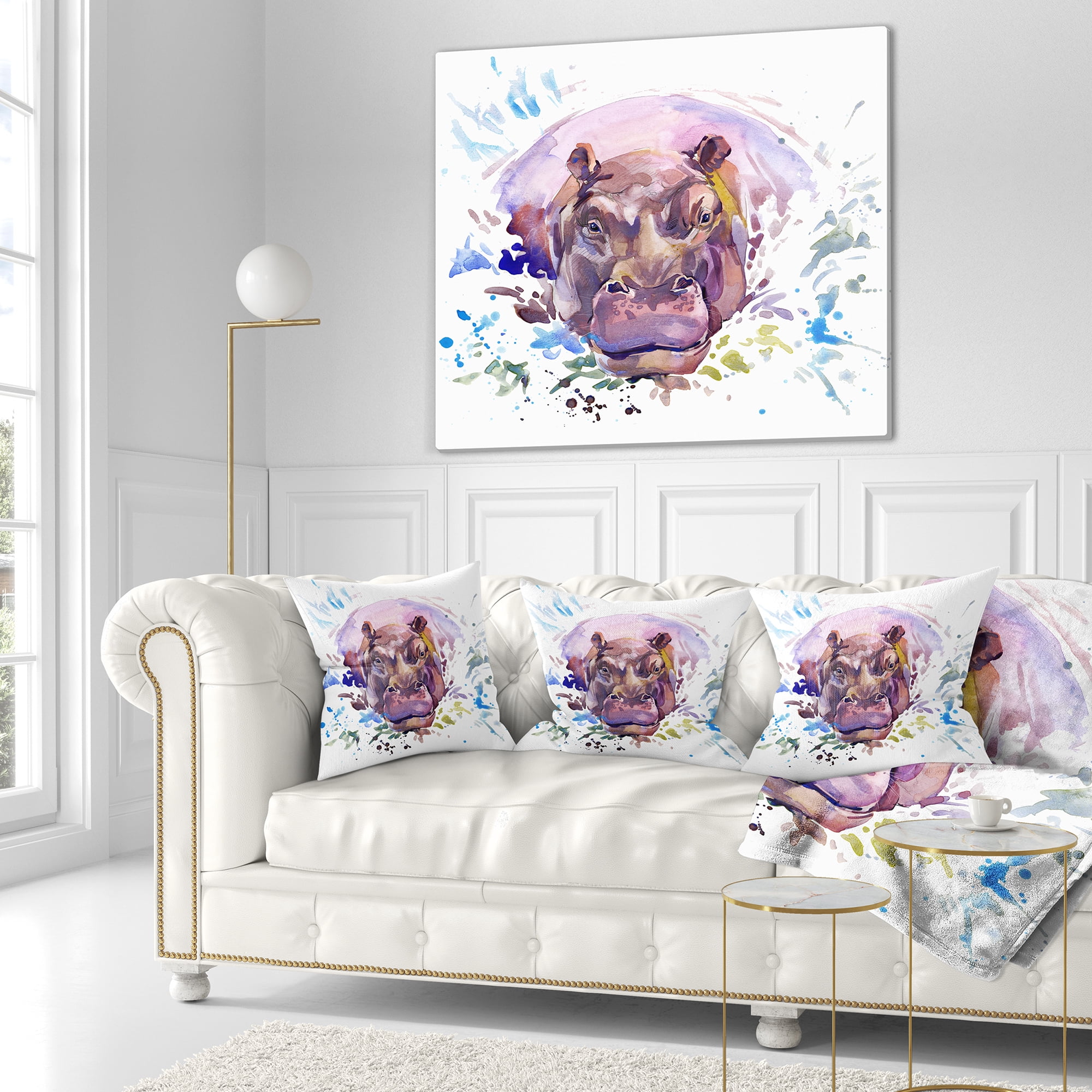 Designart Hippopotamus Watercolor - Animal Throw Pillow - 18x18